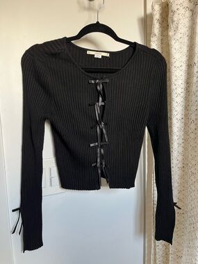 Kimchi Blue Peyton Bow Cardigan Black Ribbed Tie-Front Long Sleeve Top Sz M